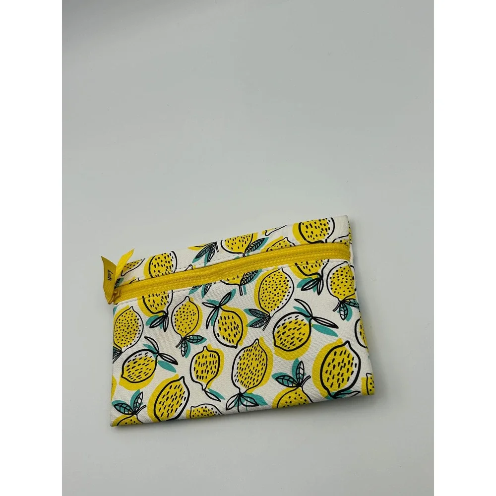 Ipsy Lemon Print Makeup Bag Yellow White Teal Zippered Cosmetic Pouch